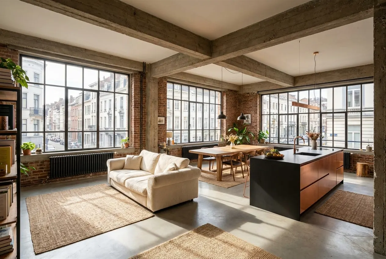reconversion de bureau en loft résidentiel, volumes atypiques près de Schuman