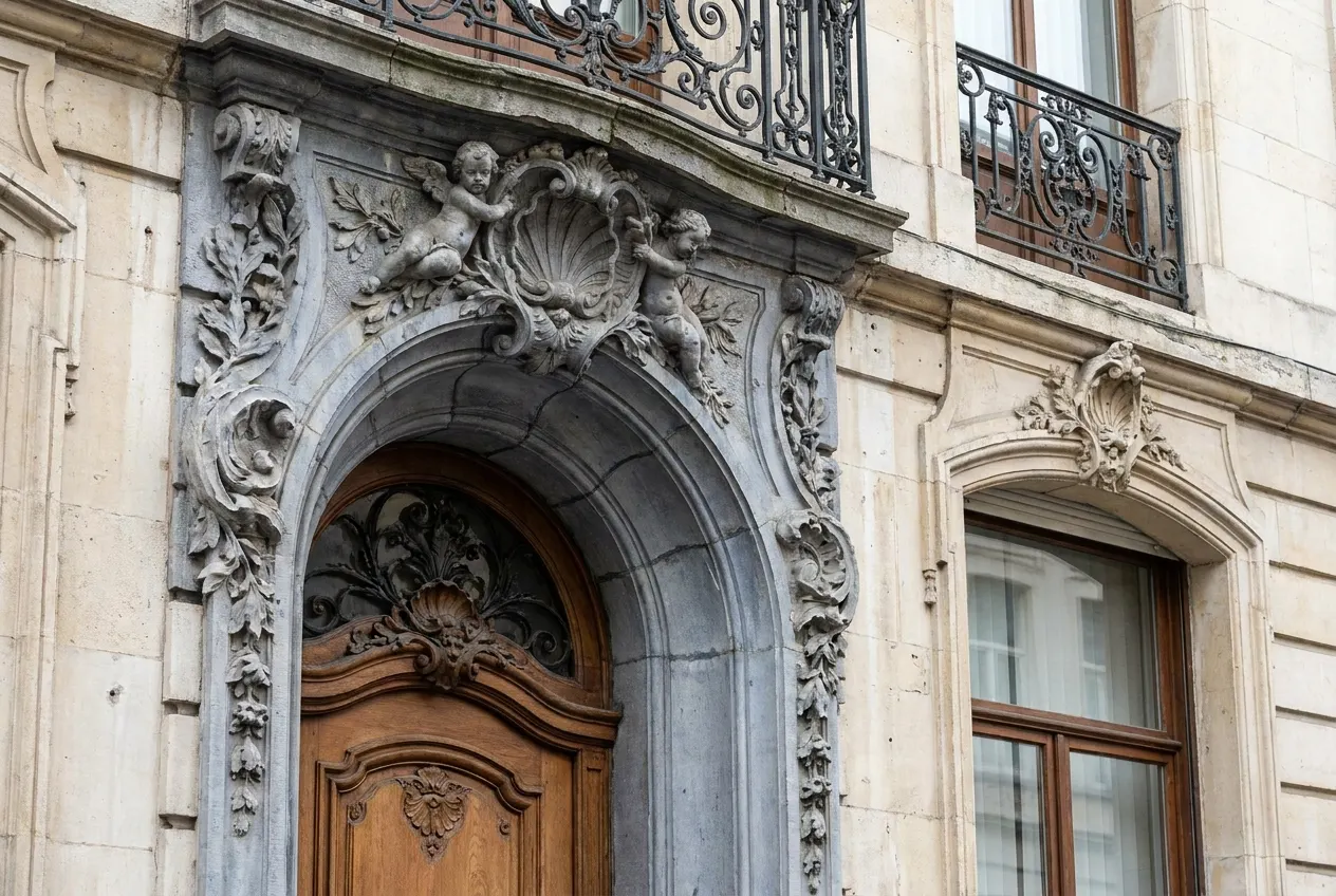 hôtel de maître XVIIIe, portail en pierre bleue sculptée, rue Bodenbroek